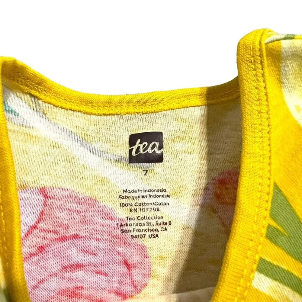 Tea Collection Sz 7 Yellow Hibiscus Flower Wrap Neck Dress